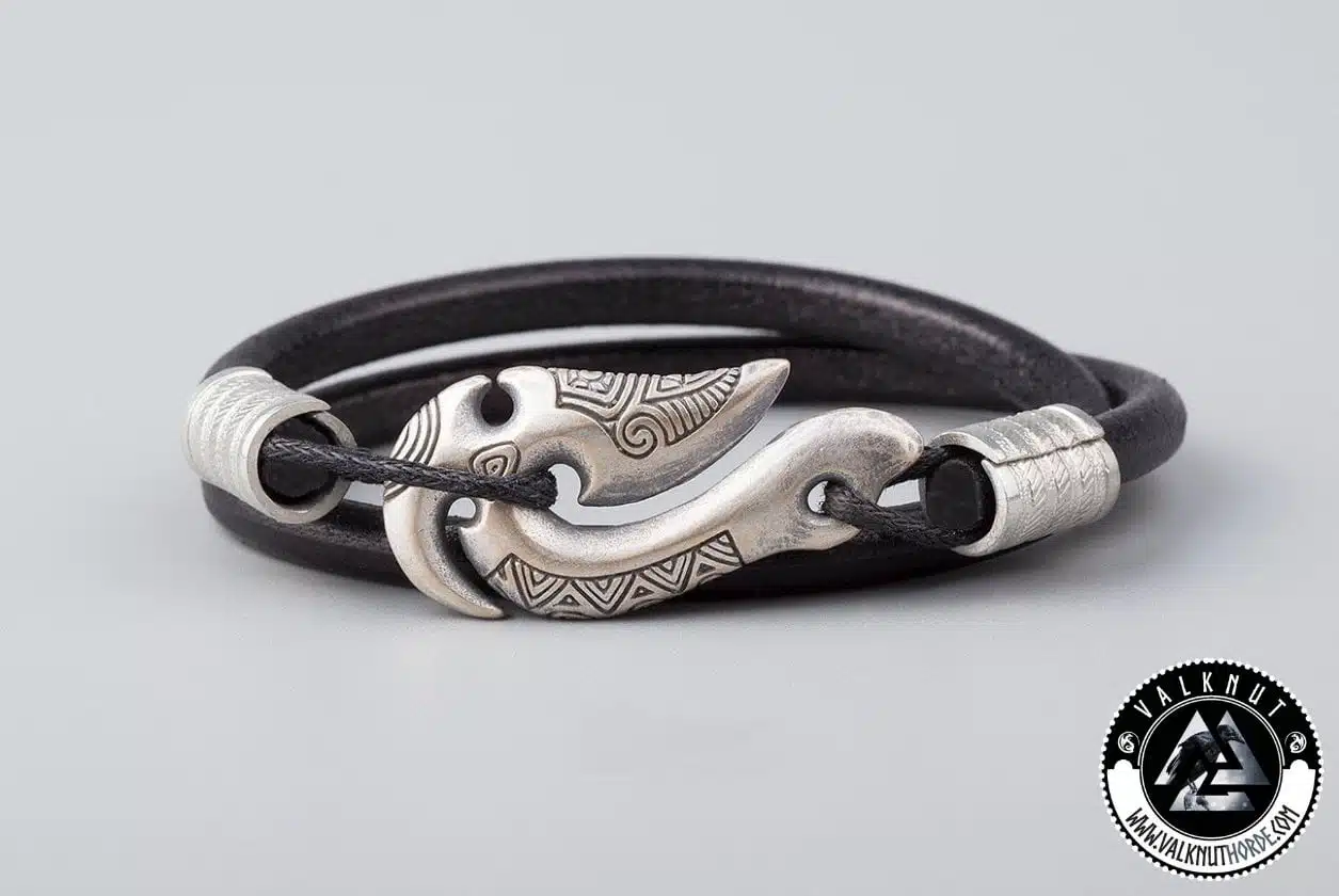 Fish Hook Wristband, Genuine Leather & Silver Plated Bronze