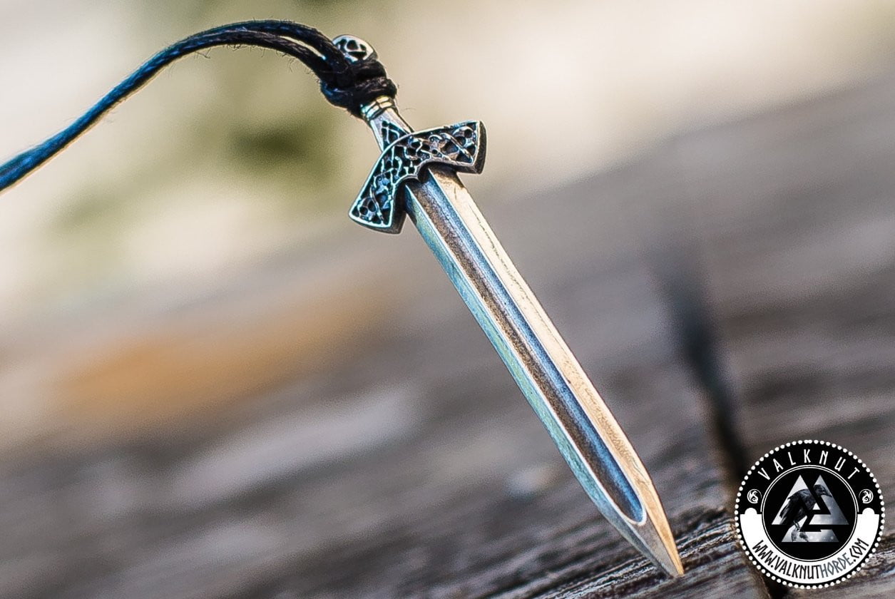 Unisex Silver Tone Norse Sword Pendant Black String Necklace